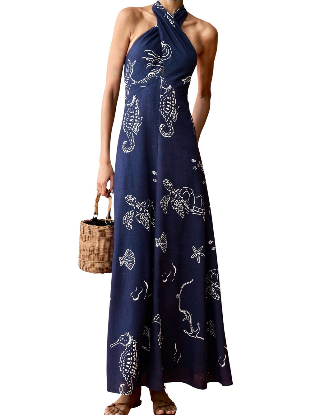 Few Moda Anaya Oceana Dress Blue Linen Halter Linen Maxi NWT